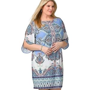 Roz & Ali Scoopneck V Back 3/4 Cut Out Sleeves Paisley Boho Sheath Mini Dress 12
